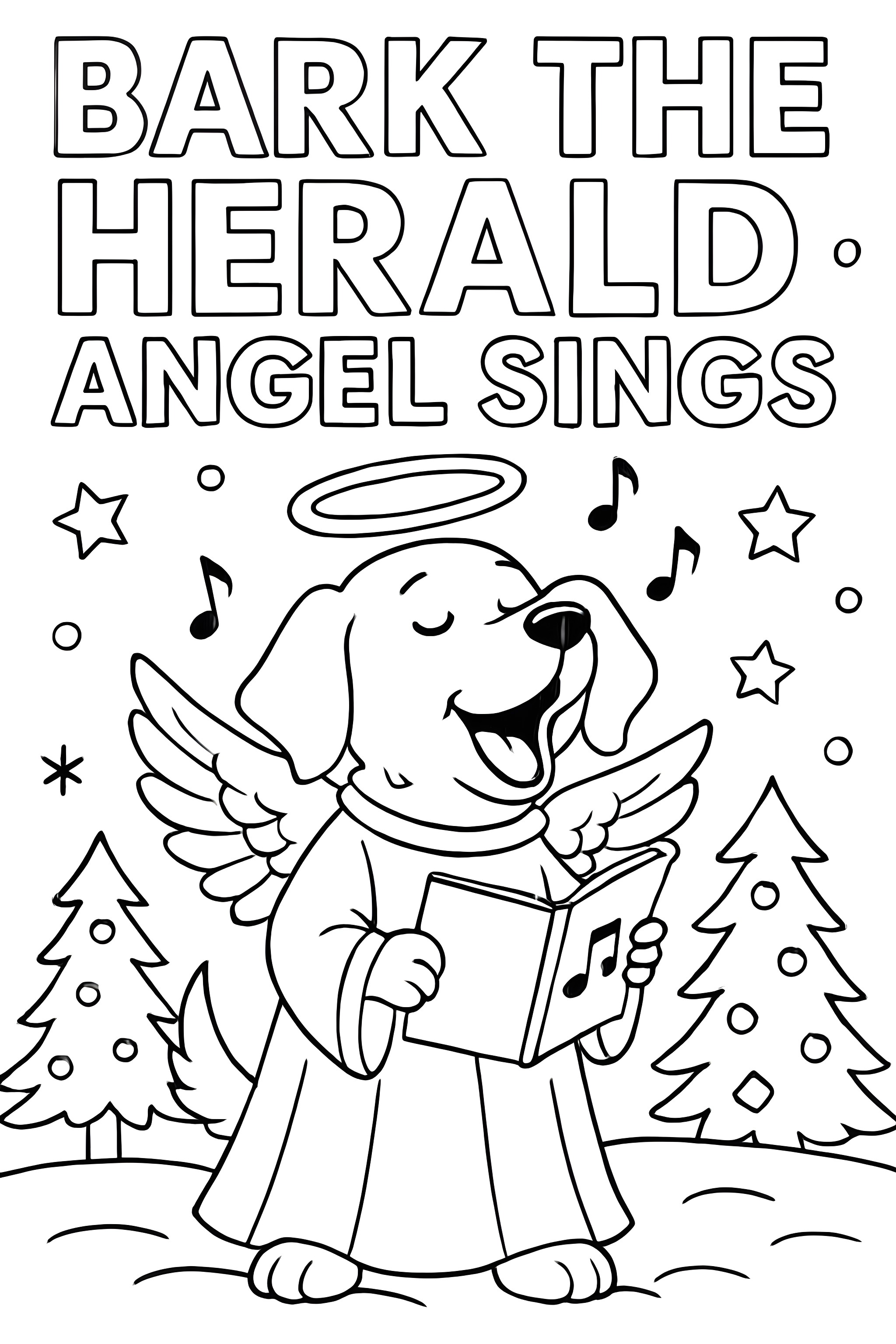 Coloring page featuring a dog dressed as an angel singing, surrounded by musical notes, Christmas trees, and stars