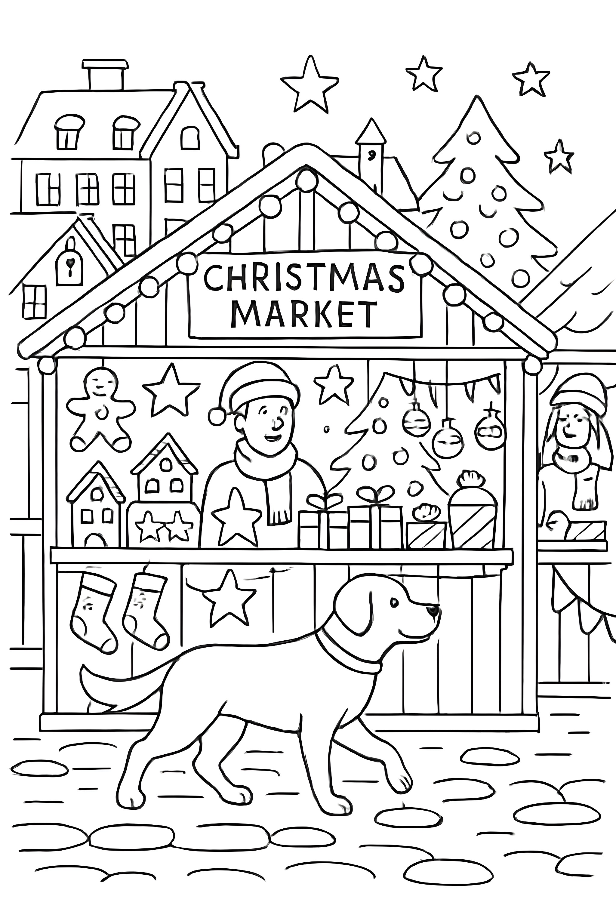 Coloring page featuring a dog walking by a Christmas market stall with festive decorations and a vendor.