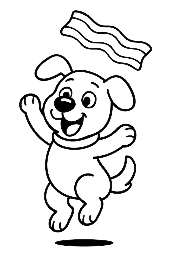 Coloring page of a playful dog jumping with excitement for a piece of bacon dangling above