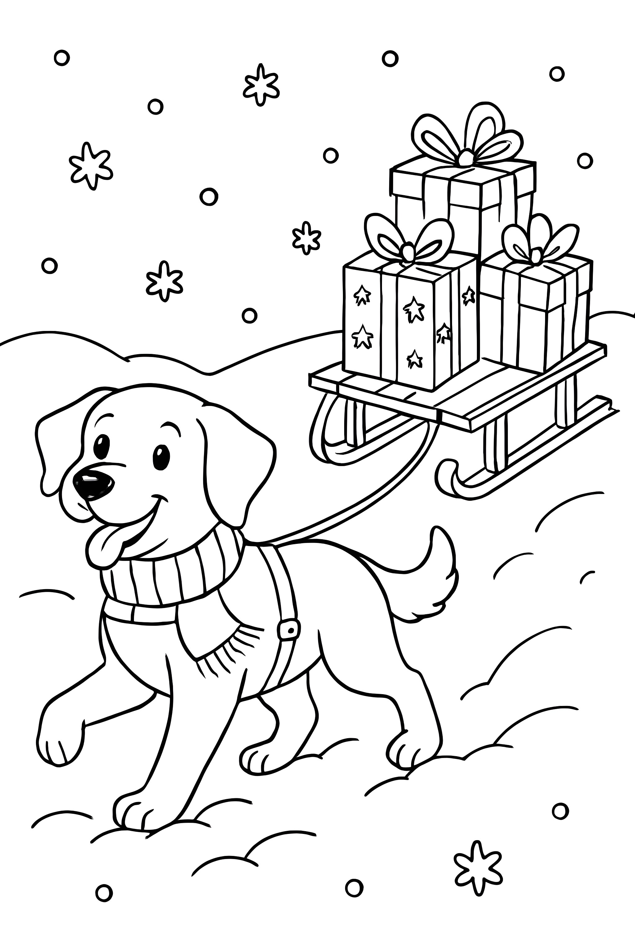 Coloring page of a dog wearing a scarf and harness, pulling a sled loaded with gifts through snow in a winter setting
