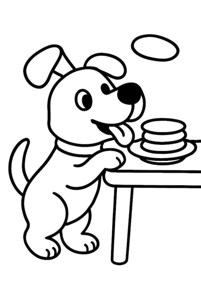Coloring page of a dog standing on its hind legs trying to grab a pancake from a table with three pancakes stacked on a plate