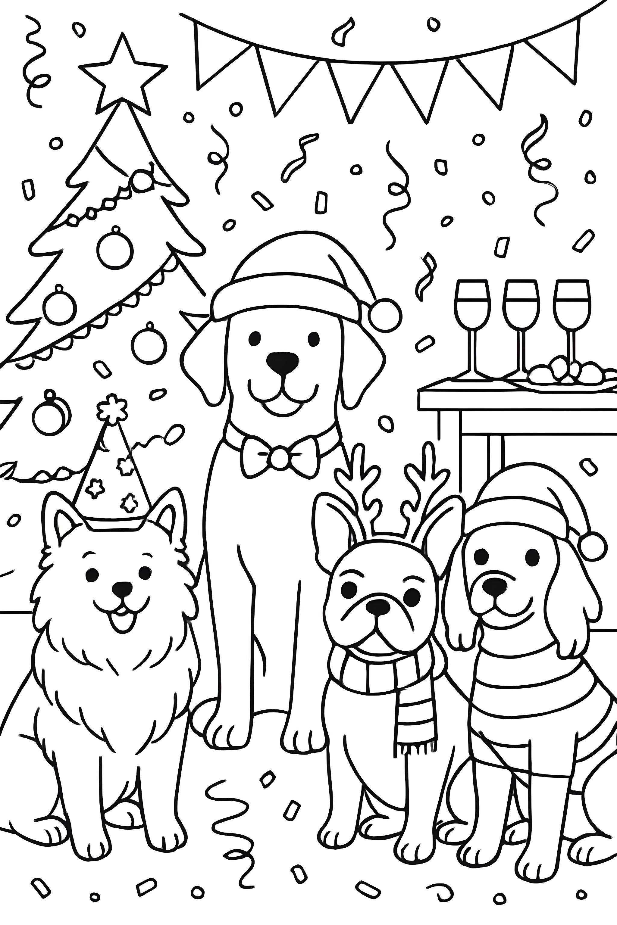 Coloring page featuring four dogs in festive attire, surrounded by a Christmas tree, decorations, and drinks at a party scene