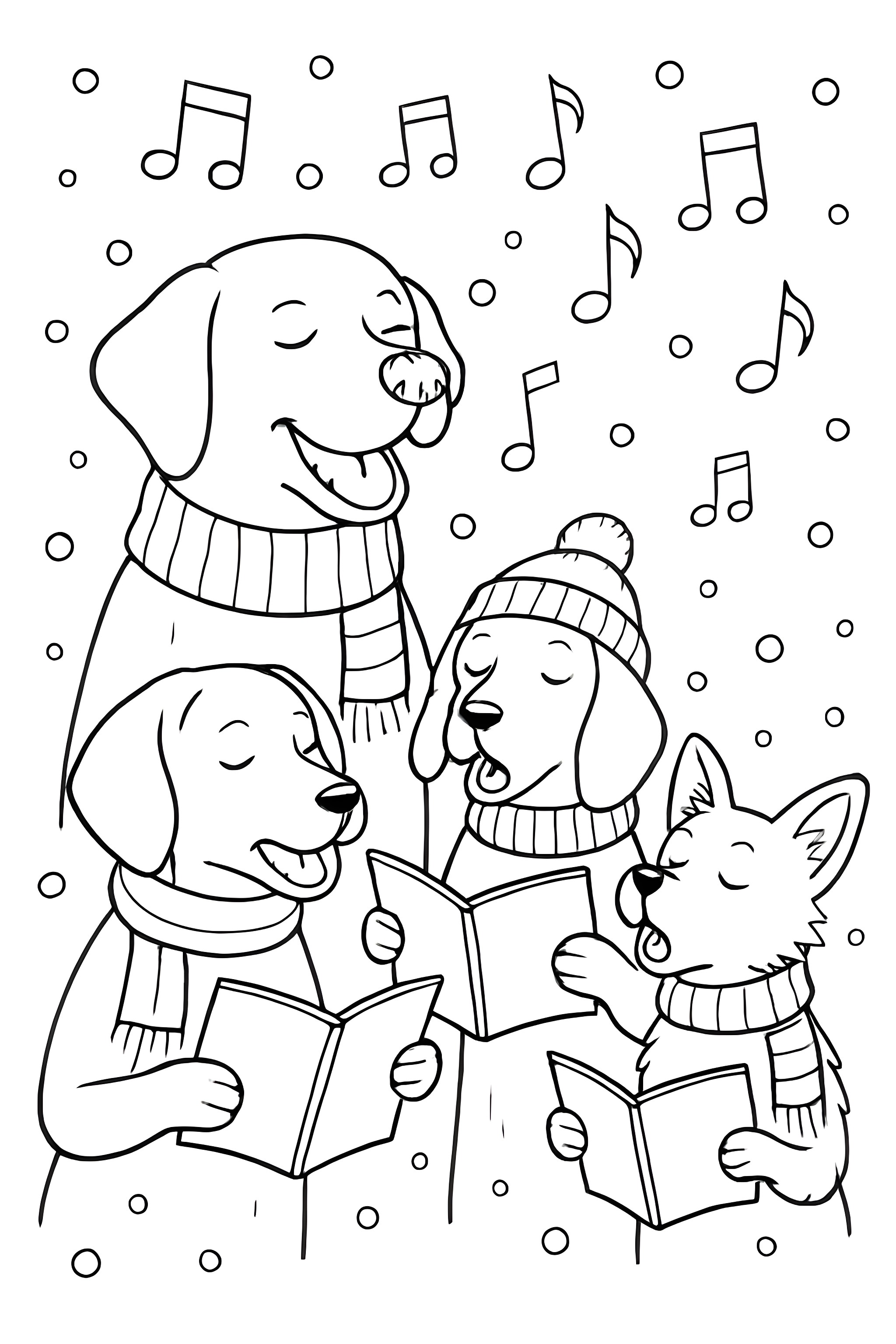 Coloring page of dogs wearing scarves singing Christmas carols with musical notes and snowflakes in the background