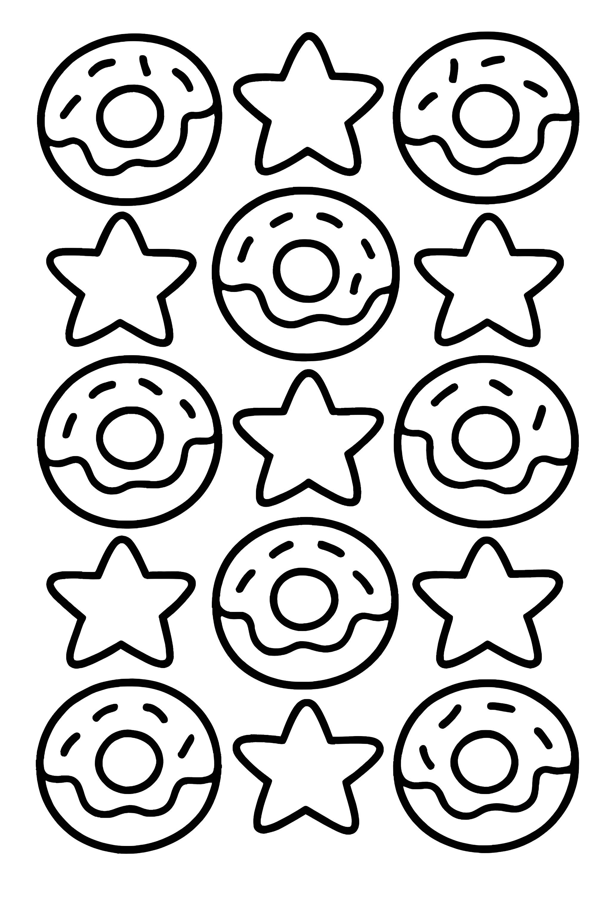 Coloring page featuring a pattern of alternating donuts and stars arranged in a geometric grid layout.