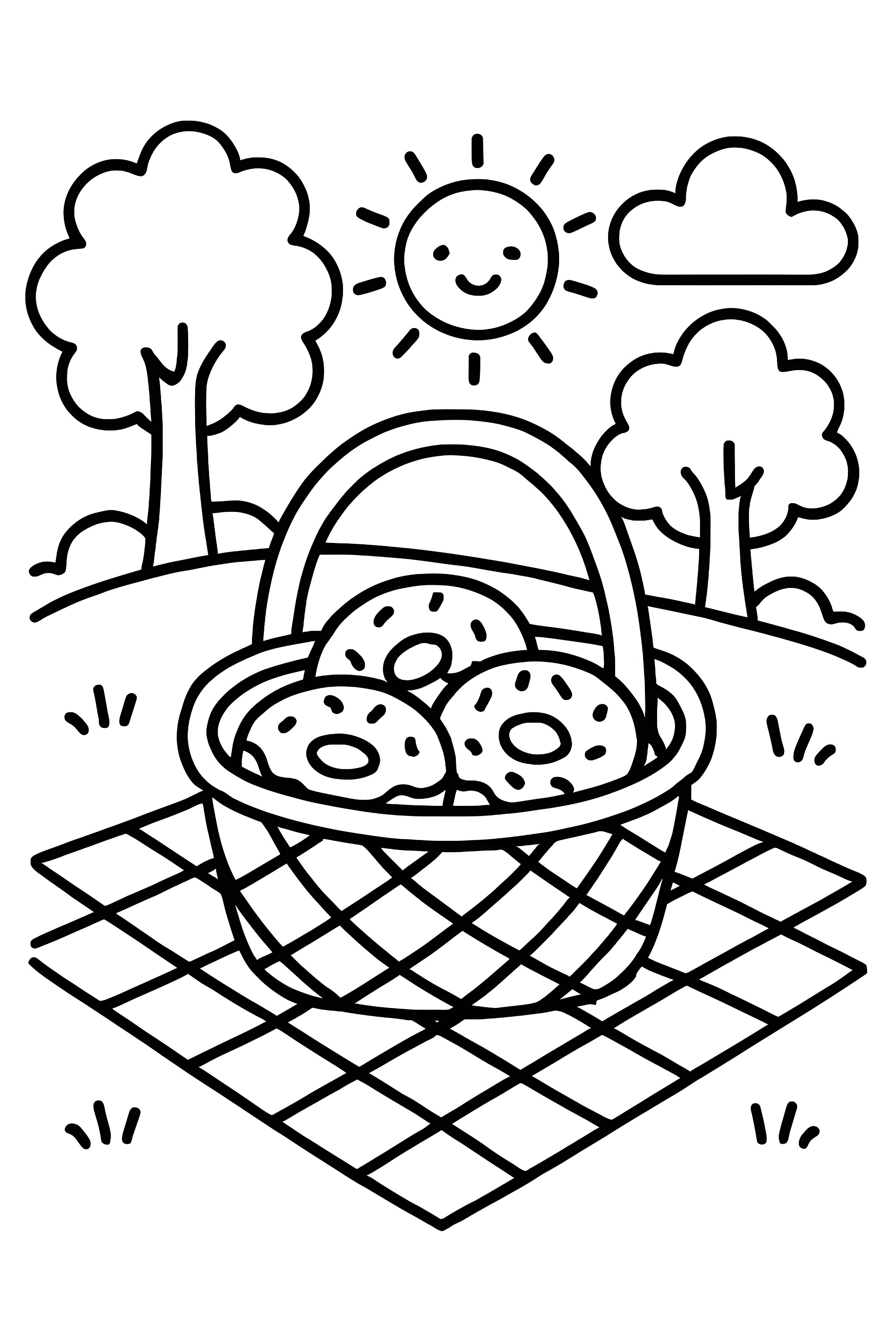 Coloring page featuring a picnic basket filled with donuts set on a picnic blanket surrounded by trees and a smiling sun.