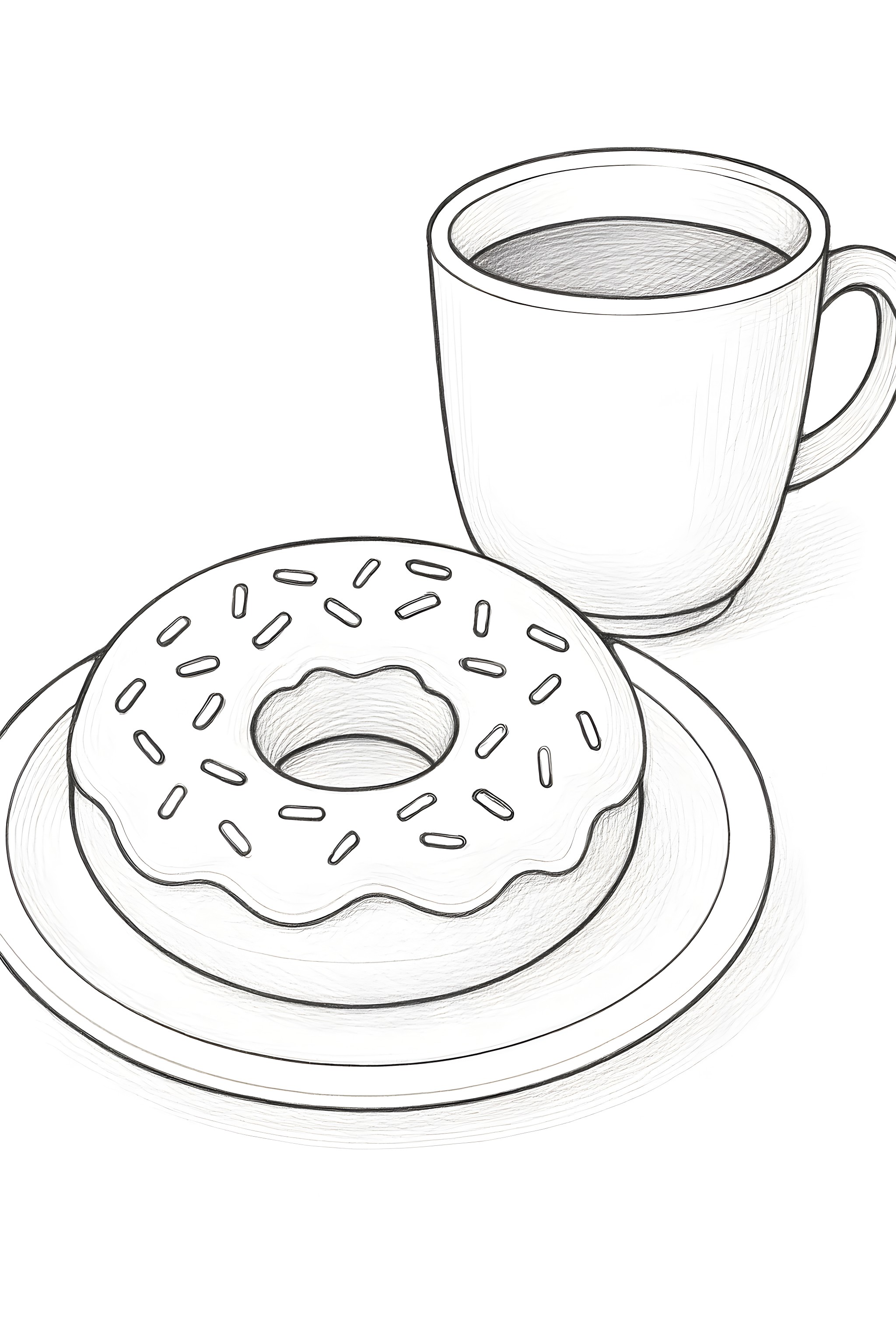 Coloring page featuring a donut with frosting and sprinkles on a plate next to a steaming coffee cup