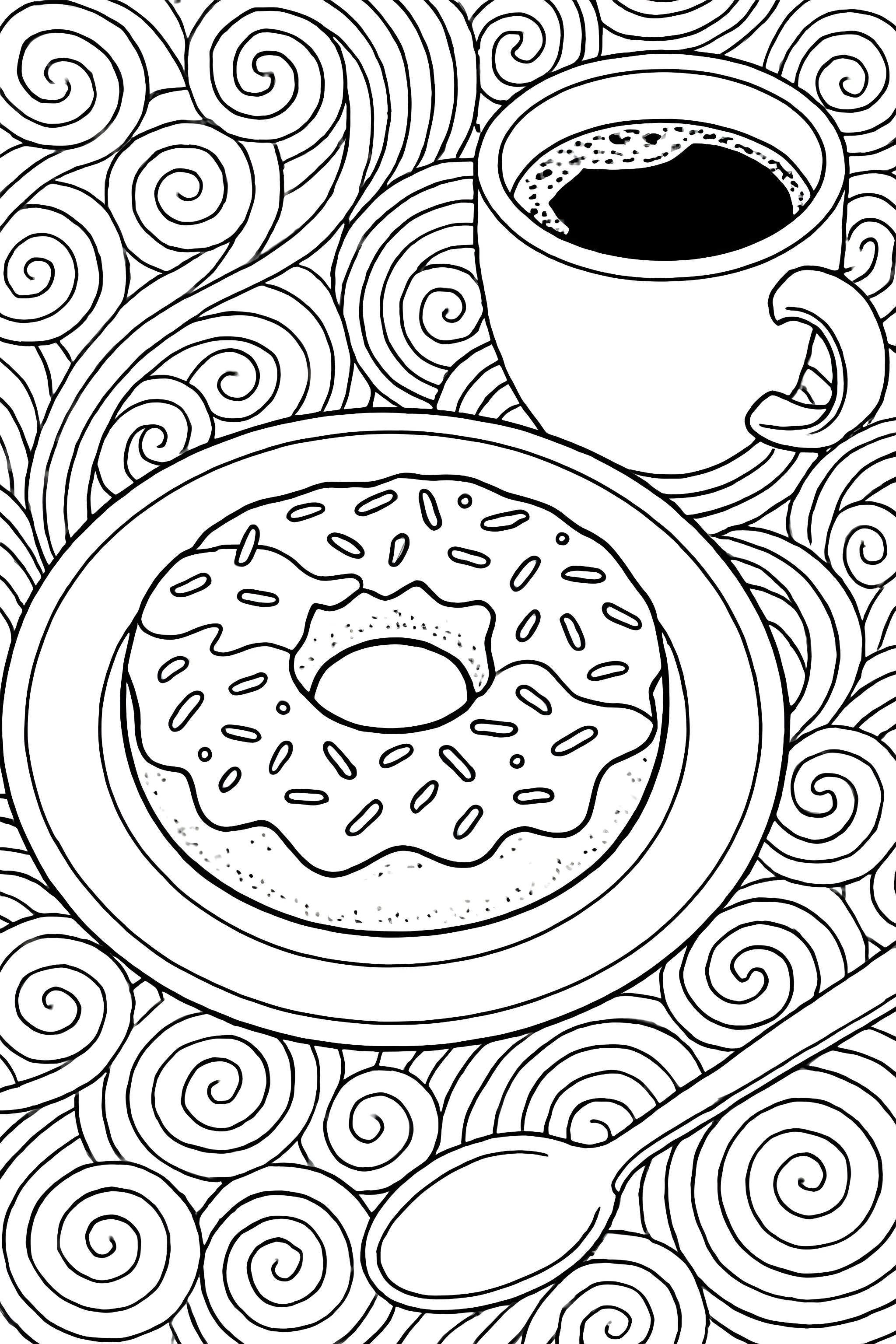 Coloring page of a donut with sprinkles on a plate beside a cup of coffee and a spoon, surrounded by swirling patterns.
