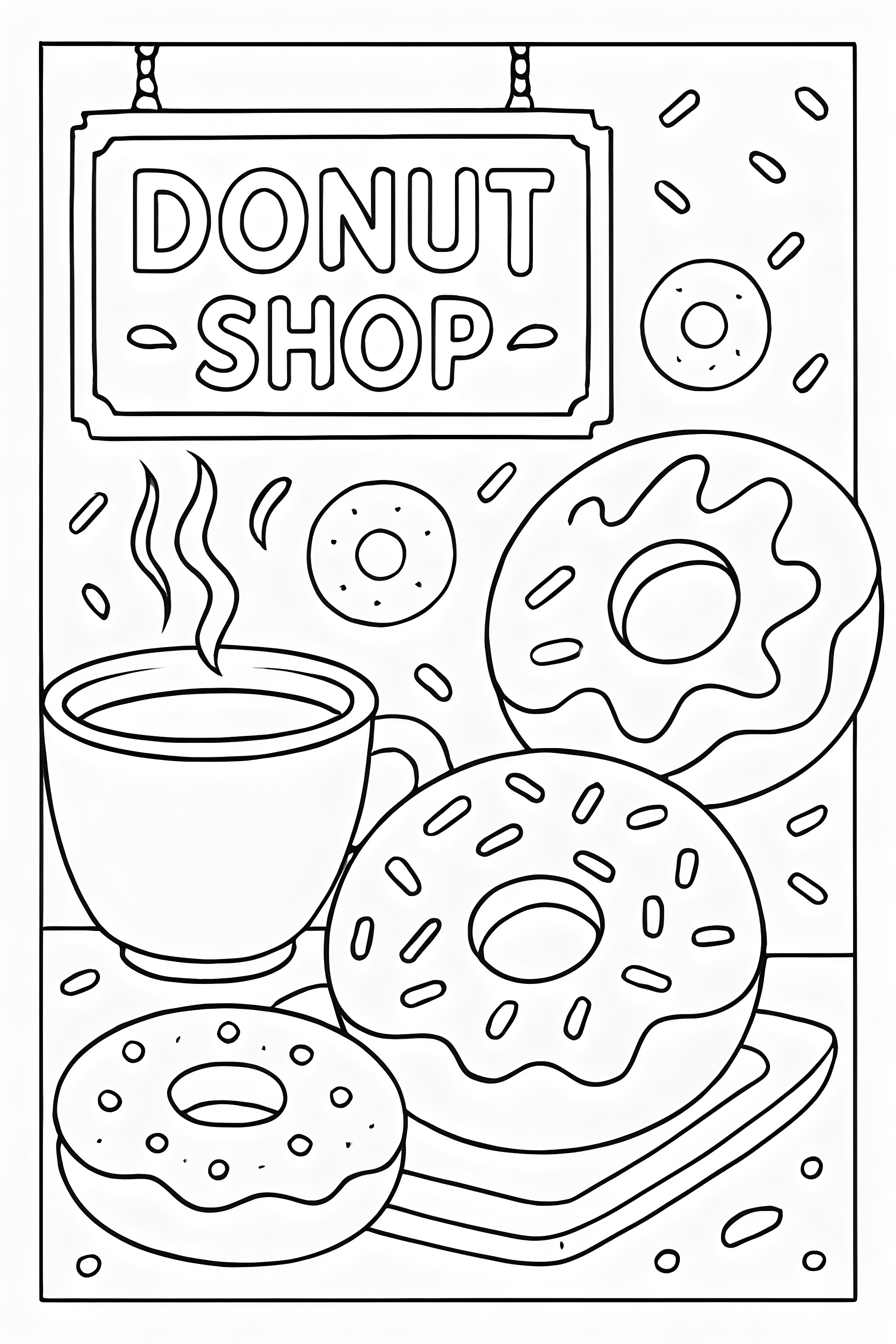 Coloring page of a donut shop featuring coffee, several donuts with sprinkles, and a sign that reads 'DONUT SHOP'