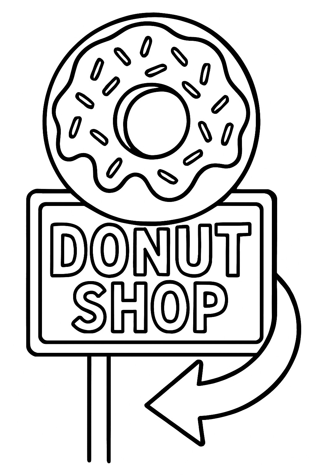 Coloring page featuring a donut shop sign with an arrow and a large decorated donut on top