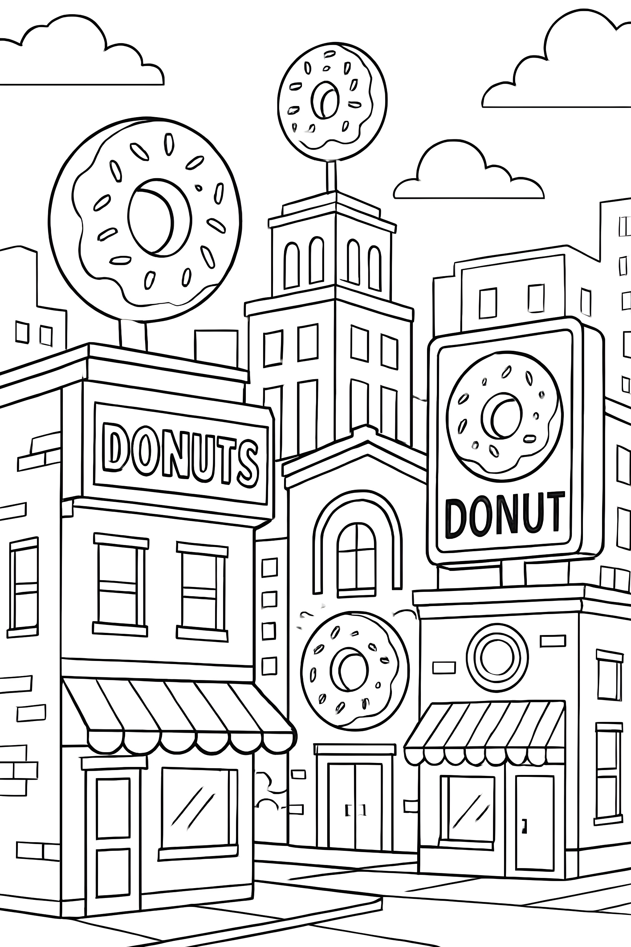 Coloring page of a cityscape featuring buildings with donut-shaped signs and accents