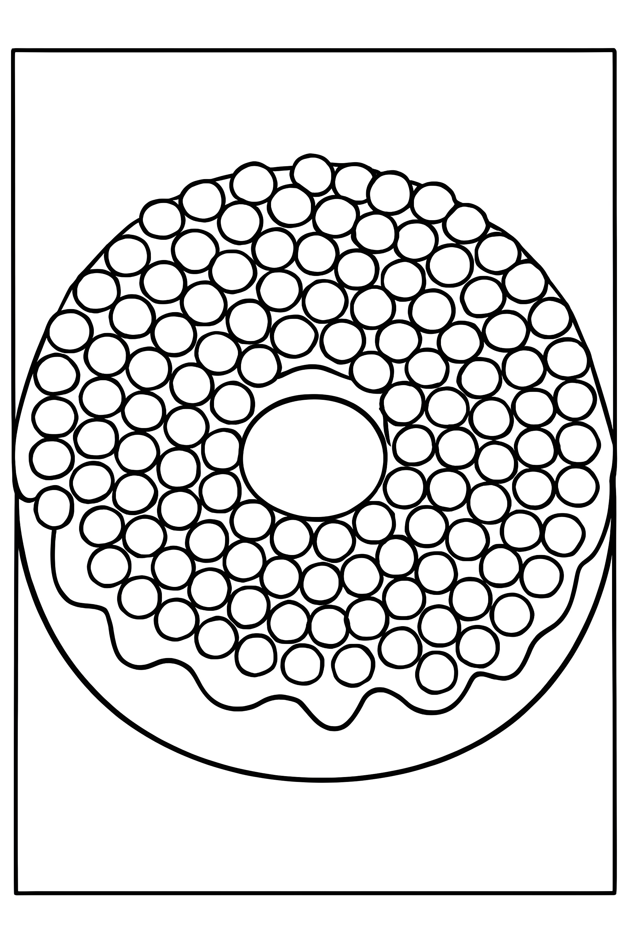 Coloring page of a circular donut topped with a variety of colorful tiny candies arranged in a rainbow pattern