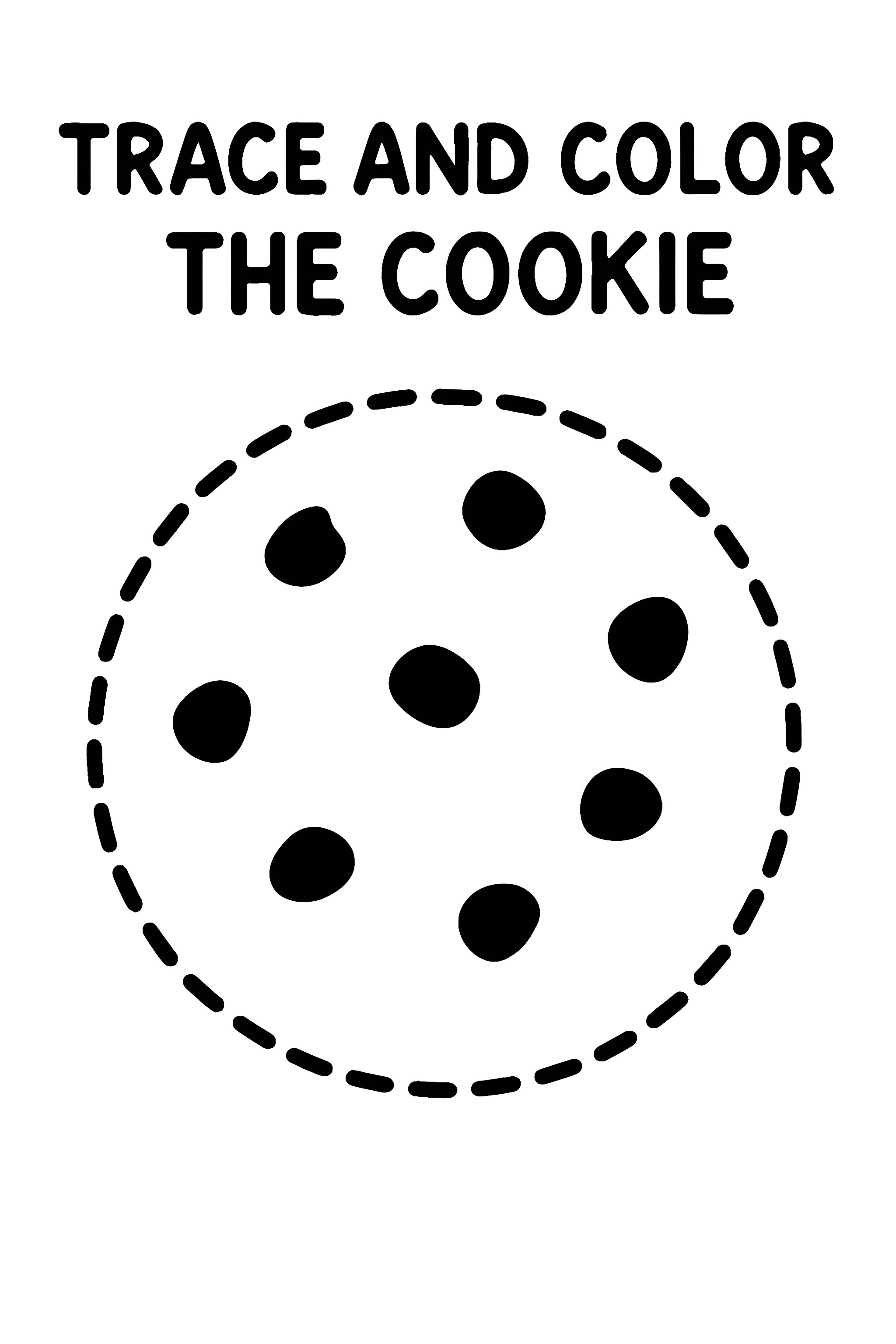 Coloring page featuring a chocolate chip cookie with a dotted outline for tracing, decorated with chocolate chip shapes.