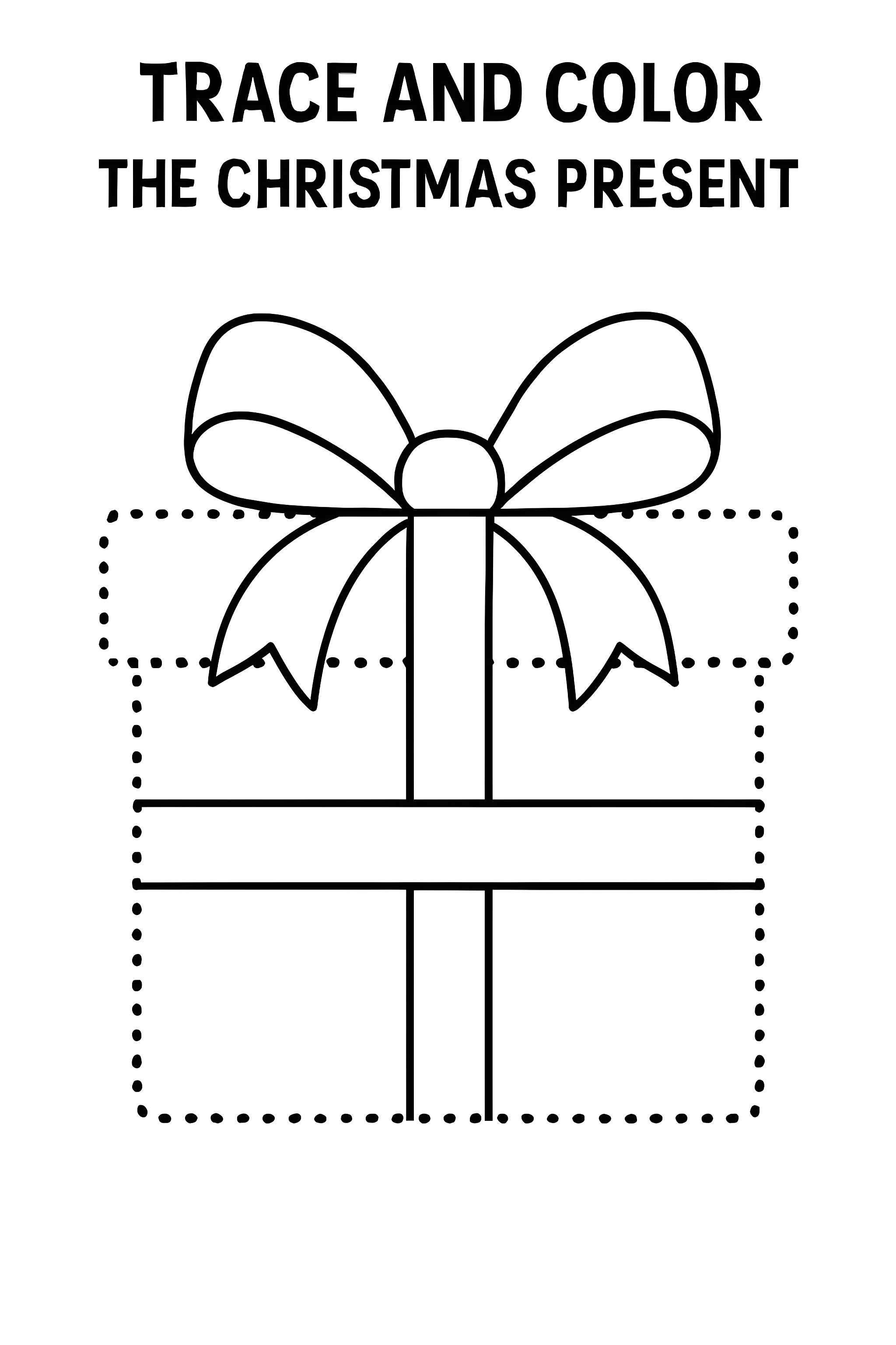 A Christmas present with a bow, featuring a dotted outline for tracing