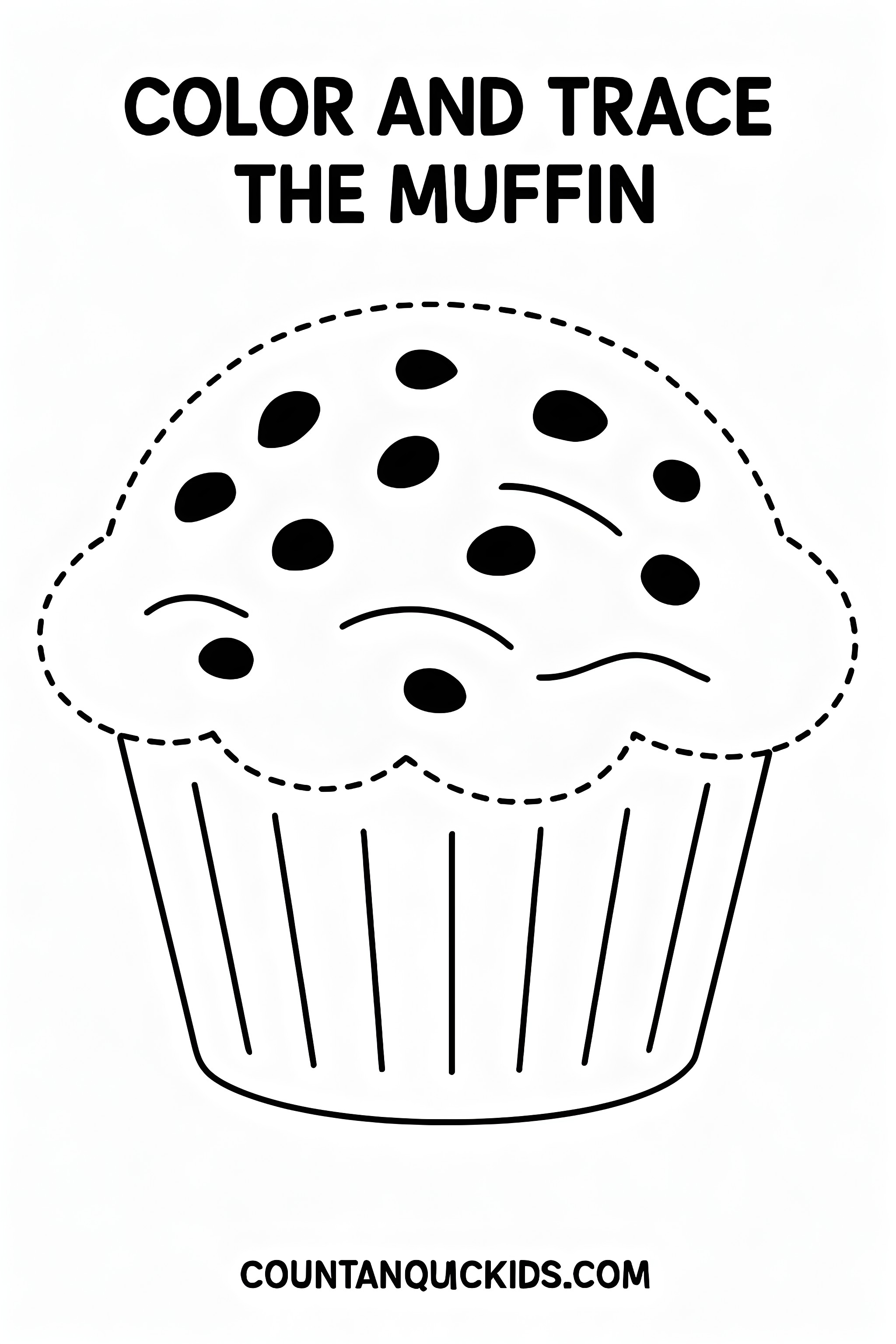 Coloring page featuring a basic muffin with a dotted traceable outline and chocolate chip details on top.