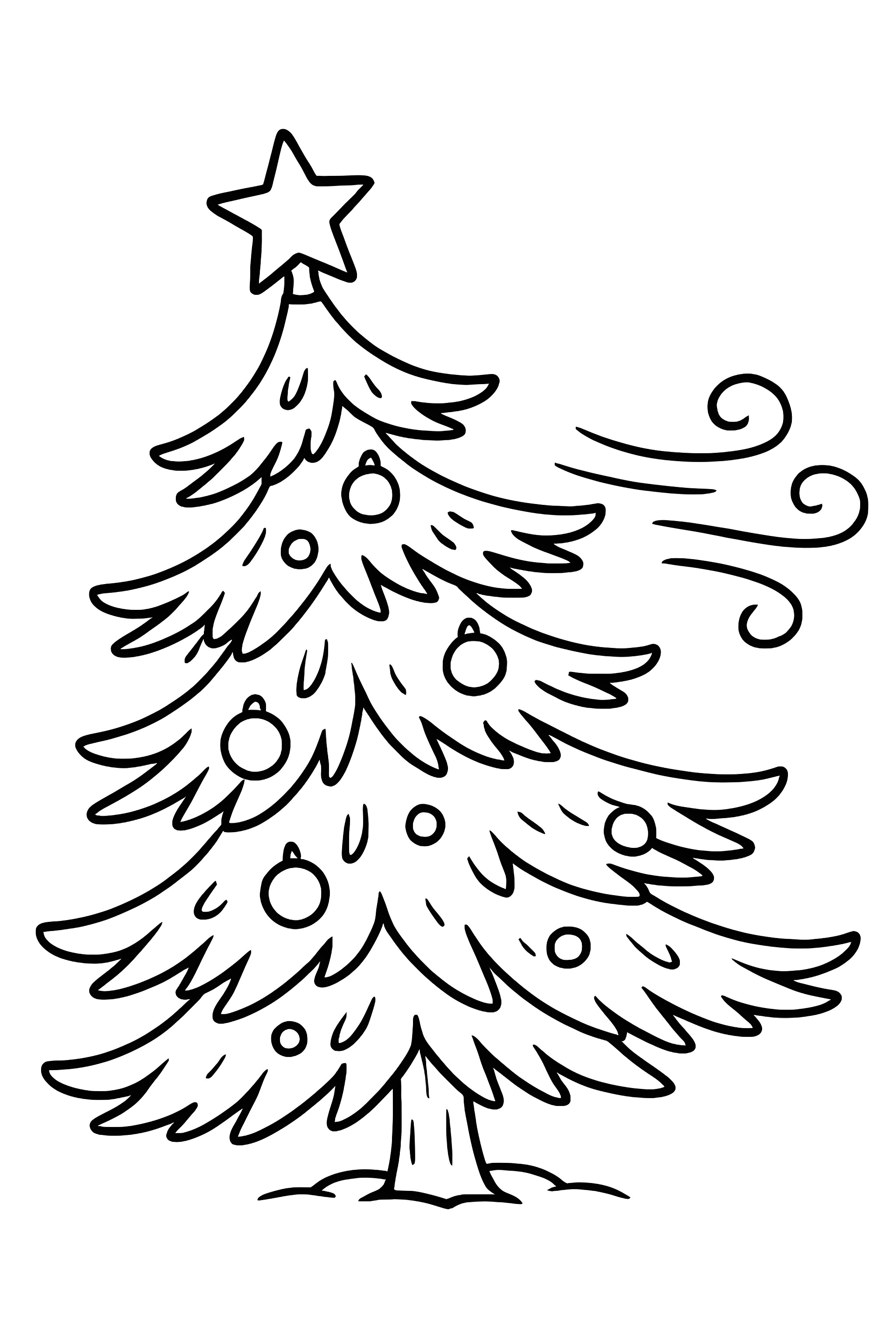 Coloring page of a Christmas tree with drooping branches, adorned with ornaments, and a star on top, swaying in a gentle breeze