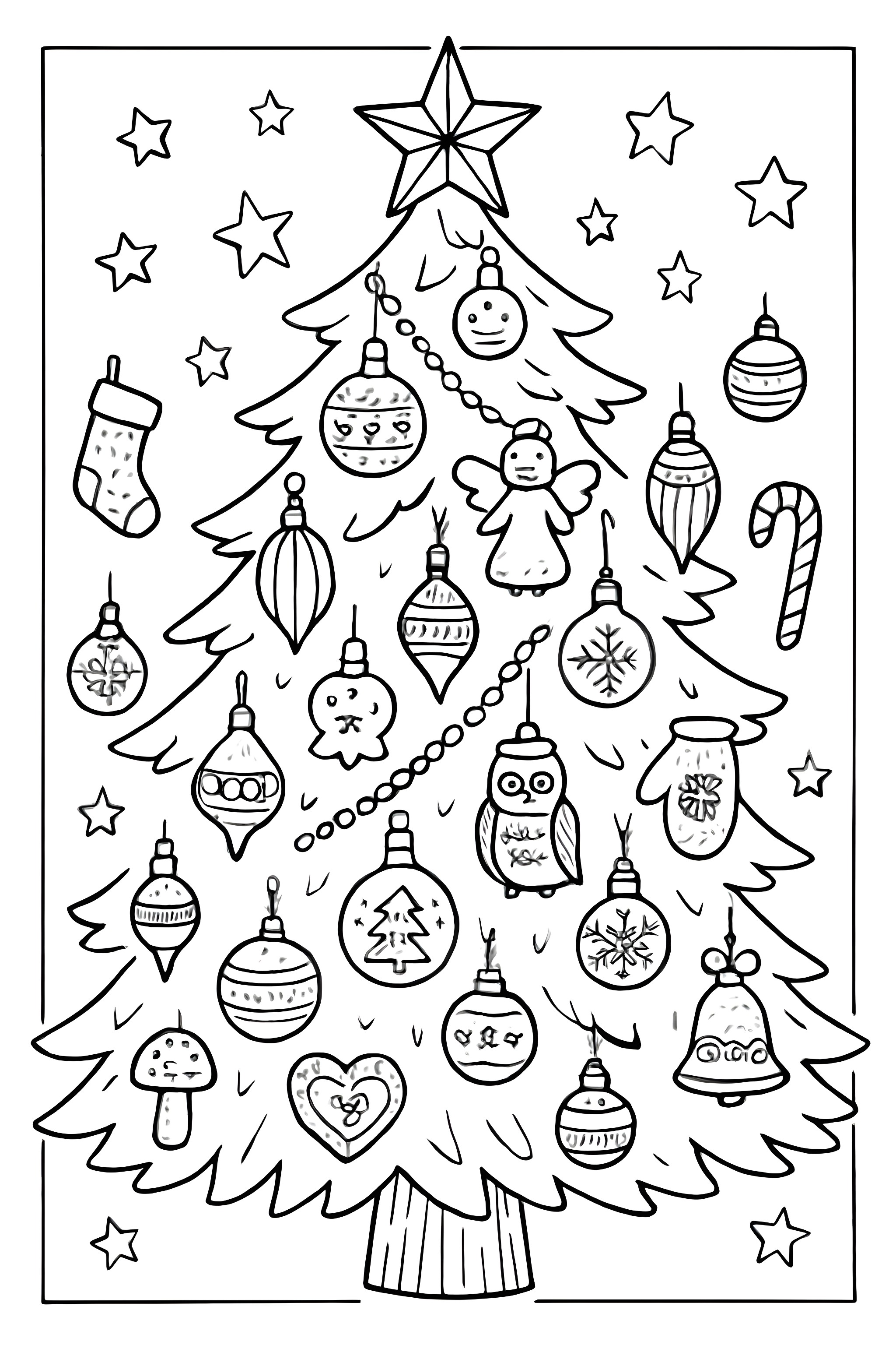 A Christmas tree adorned with various unique ornaments including an owl, angel, and candy cane.