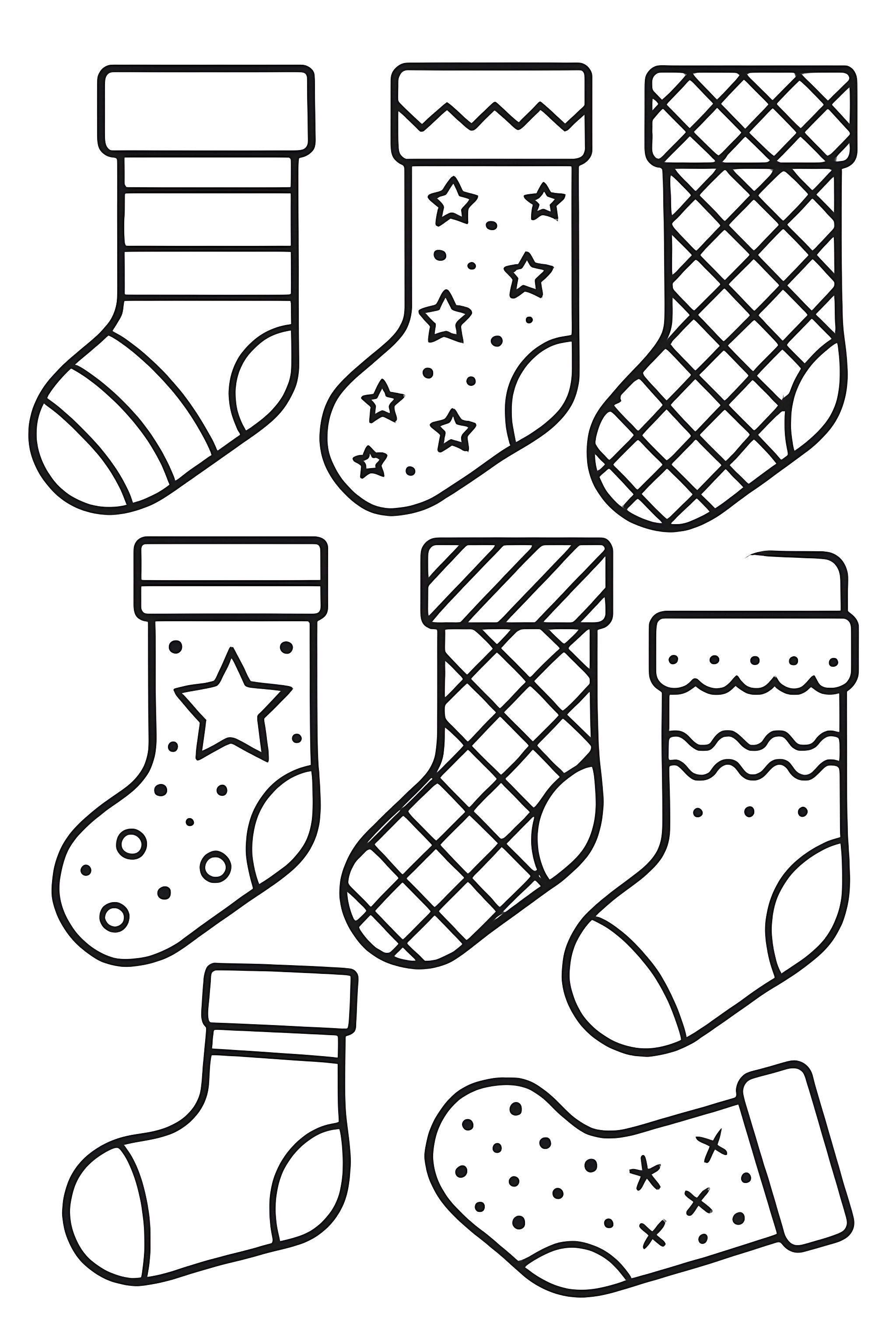 Coloring page featuring eight distinct Christmas stocking designs with various patterns and shapes.