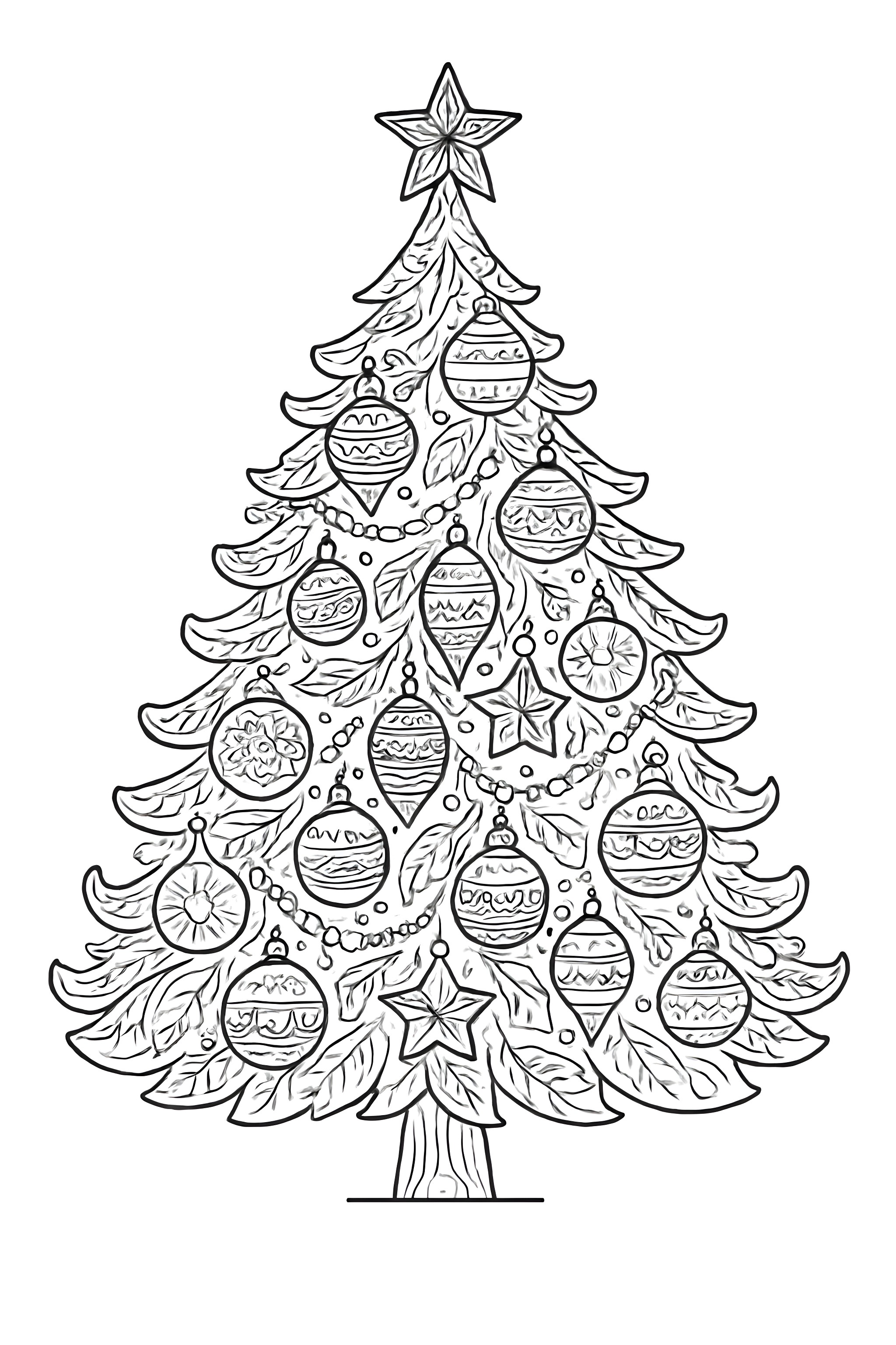 Coloring page of a detailed Christmas tree adorned with various ornaments, intricate leaves, and a star atop