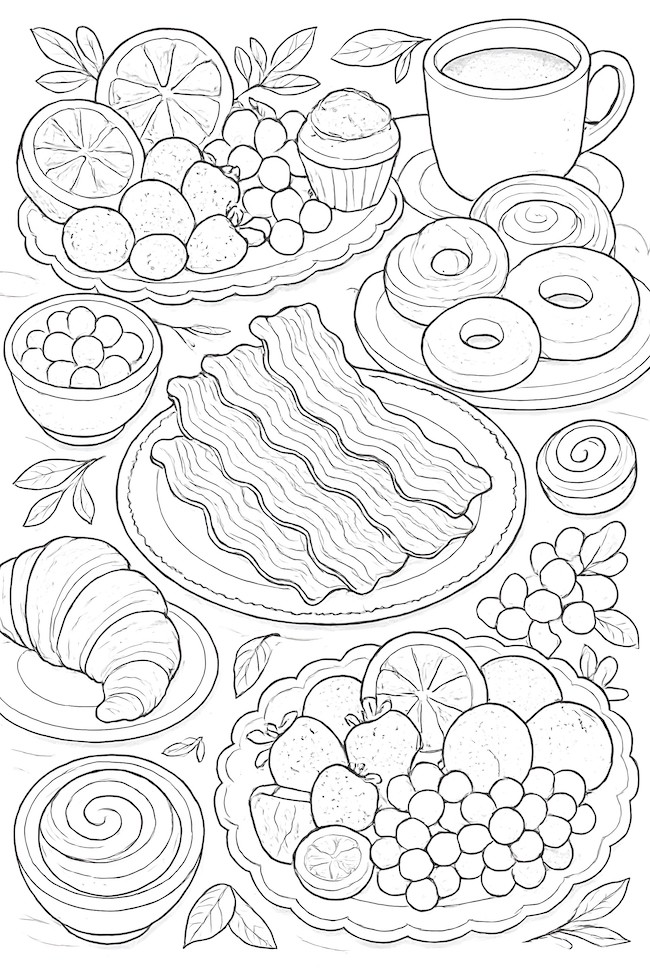 Coloring page featuring an elaborate brunch table with bacon, fruits, pastries, and a coffee cup.