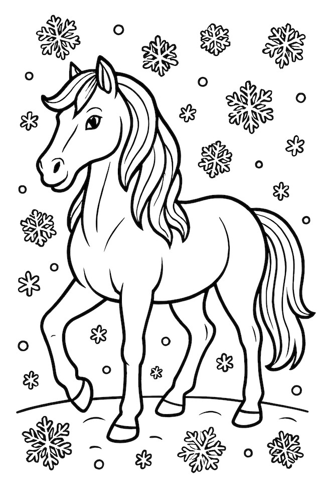 Coloring page of an elegant horse with a flowing mane and snowflakes falling around it