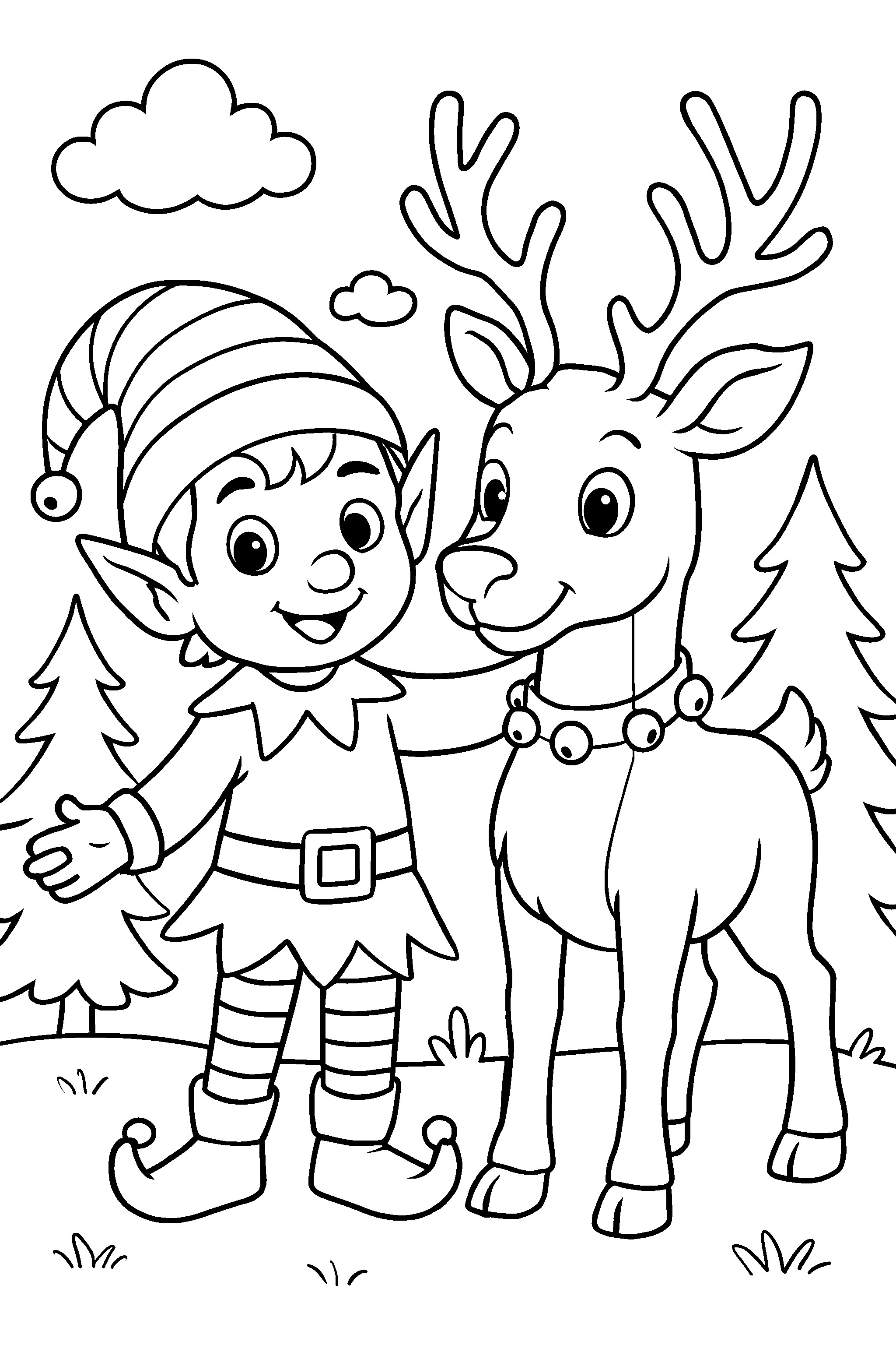 Coloring page featuring a cheerful elf in a striped hat standing beside a reindeer wearing a bell collar, surrounded by trees and clouds