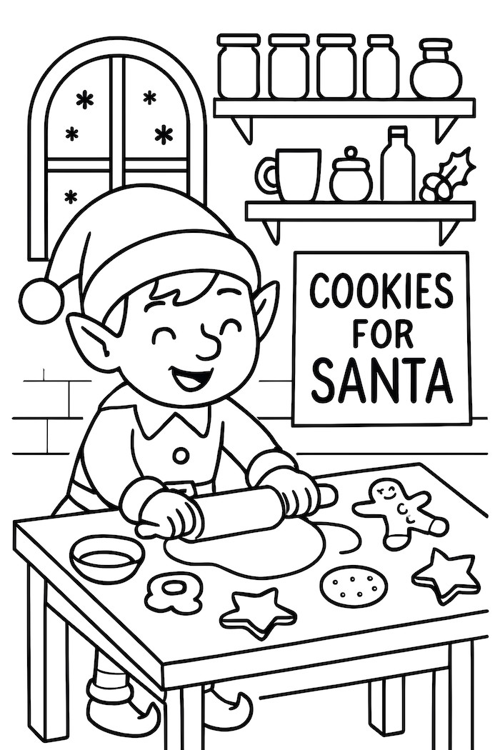 Coloring page of an elf rolling dough with cookie shapes on a table in a cozy workshop