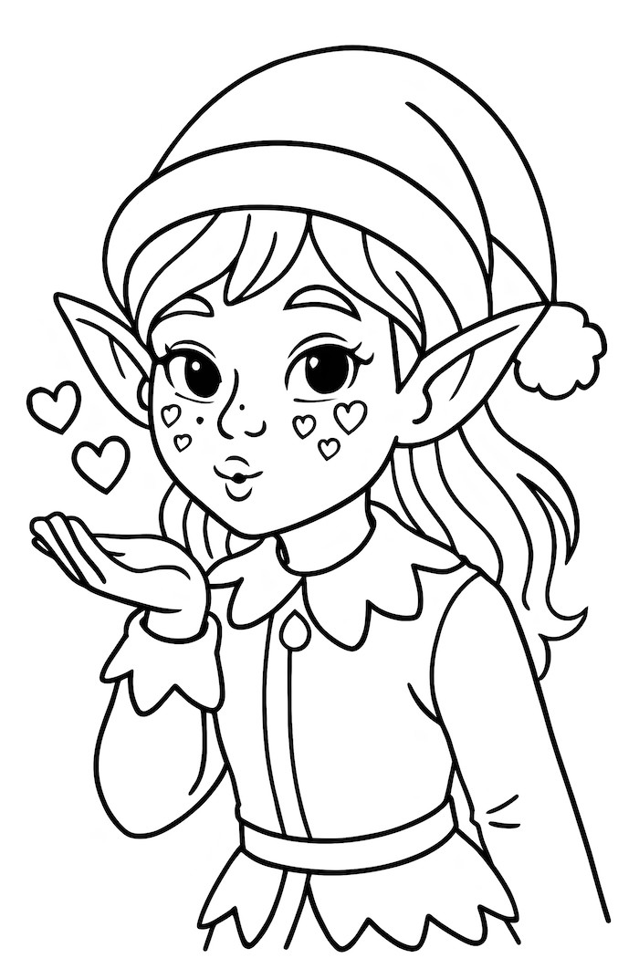 Elf character blowing a kiss with heart-shaped freckles wearing a hat and a collared outfit