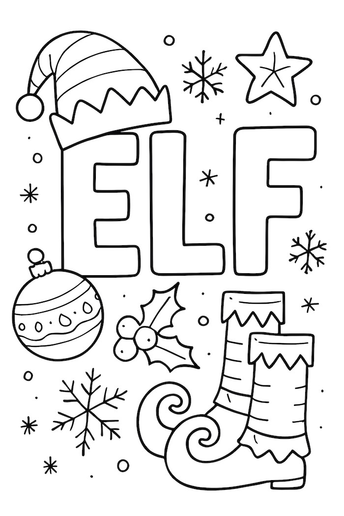 Coloring page featuring the word 'ELF' adorned with a Santa hat, ornaments, snowflakes, holly, and elf boots
