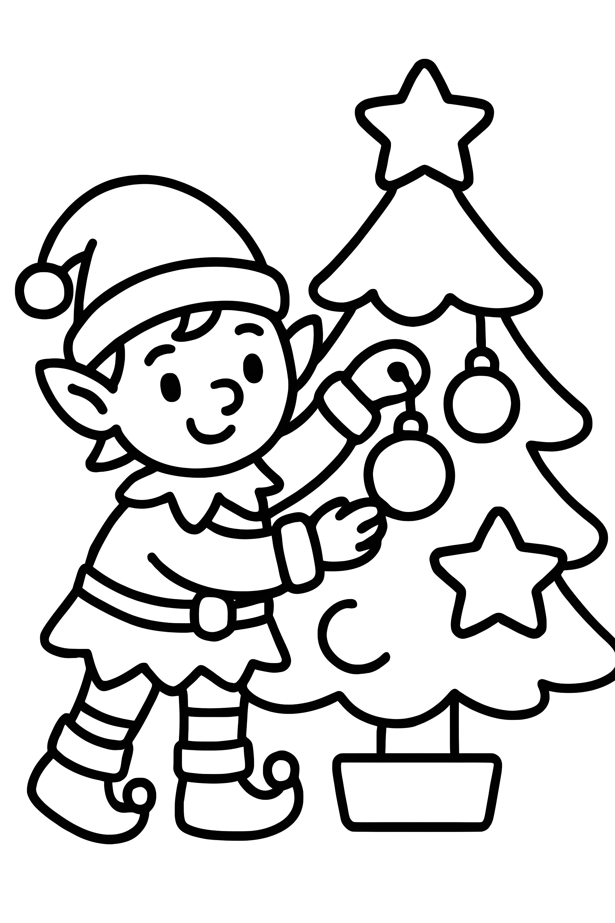 Coloring page of an elf carefully hanging ornaments on a Christmas tree, featuring stars and round decorations.