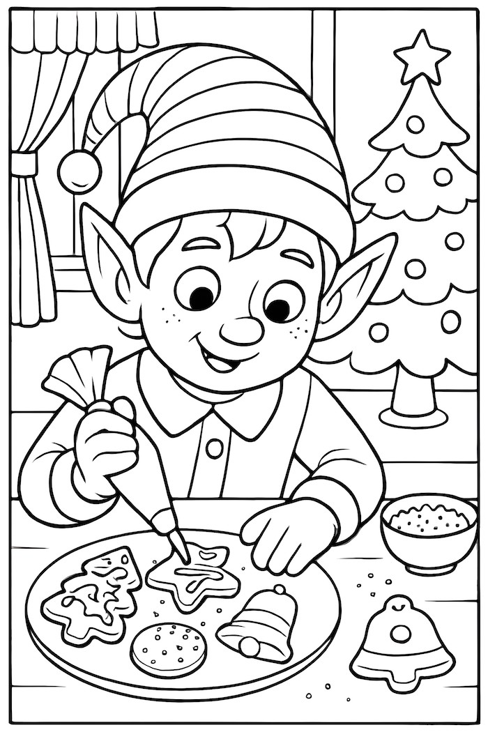 Elf decorating various cookies with icing and sprinkles at a table with a decorated Christmas tree in the background