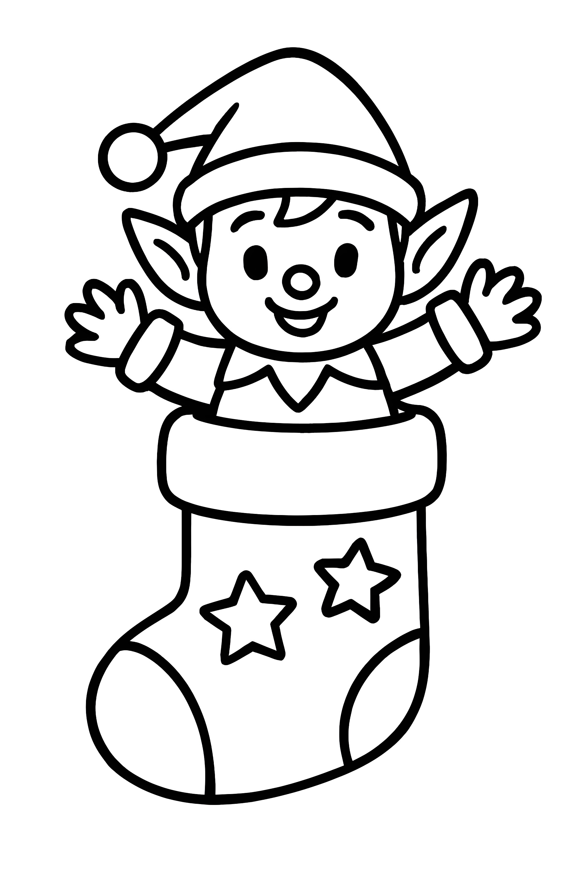 A cheerful elf with pointy ears popping out of a Christmas stocking decorated with stars