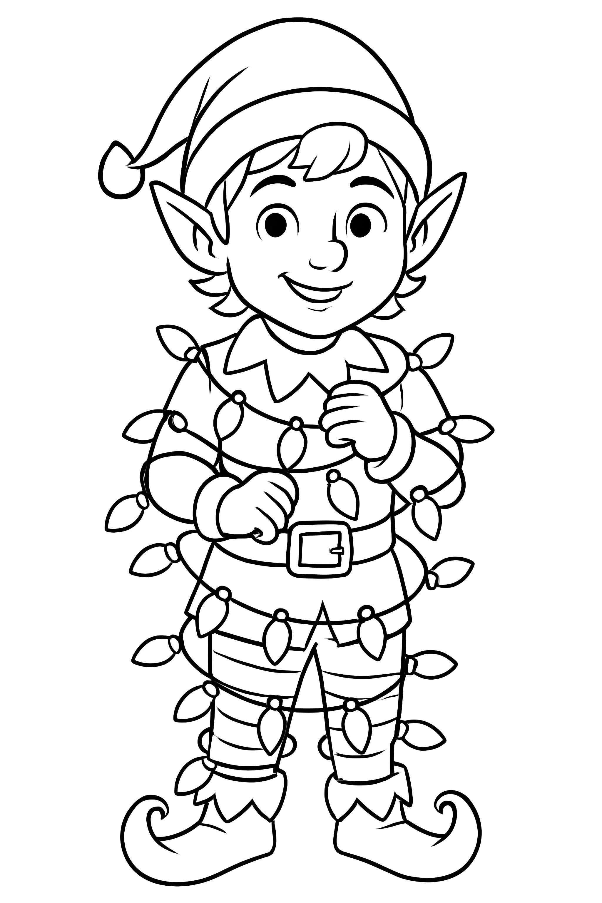 Elf smiling while wrapped in colorful Christmas lights and wearing a festive outfit with a hat