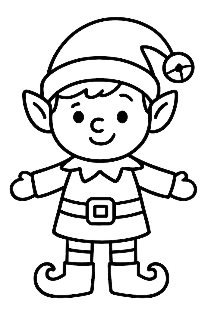 Coloring page of an elf wearing a jingle bell hat with a cheerful expression and festive outfit