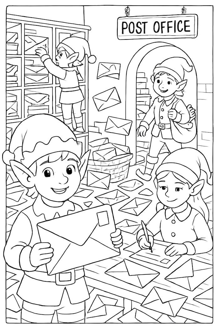 Coloring page of a bustling elf post office featuring elves sorting letters and mail, with an elf writing and another carrying envelopes