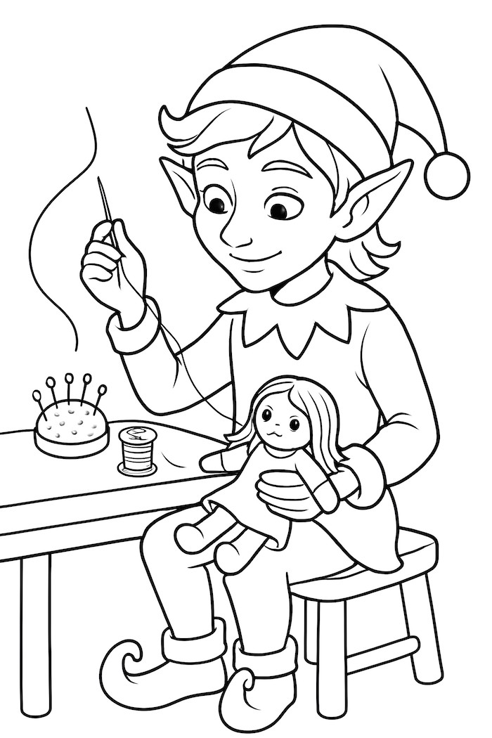 Coloring page of an elf sitting at a table, sewing a doll with a tiny needle and thread while a pin cushion is beside them
