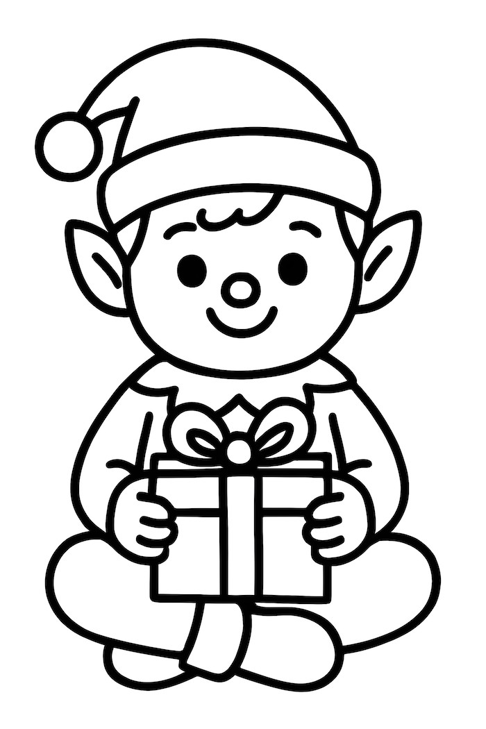 Coloring page of an elf sitting cross-legged, holding a wrapped gift with a bow and wearing a festive hat
