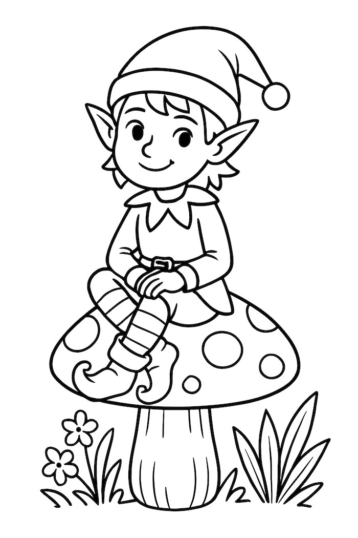 Coloring page of an elf wearing a hat, sitting cross-legged on a large mushroom with polka dots, surrounded by grass and flowers