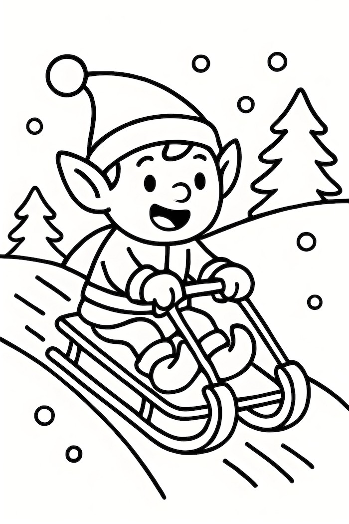 Coloring page of an elf sledding down a snow-covered hill with trees and falling snowflakes