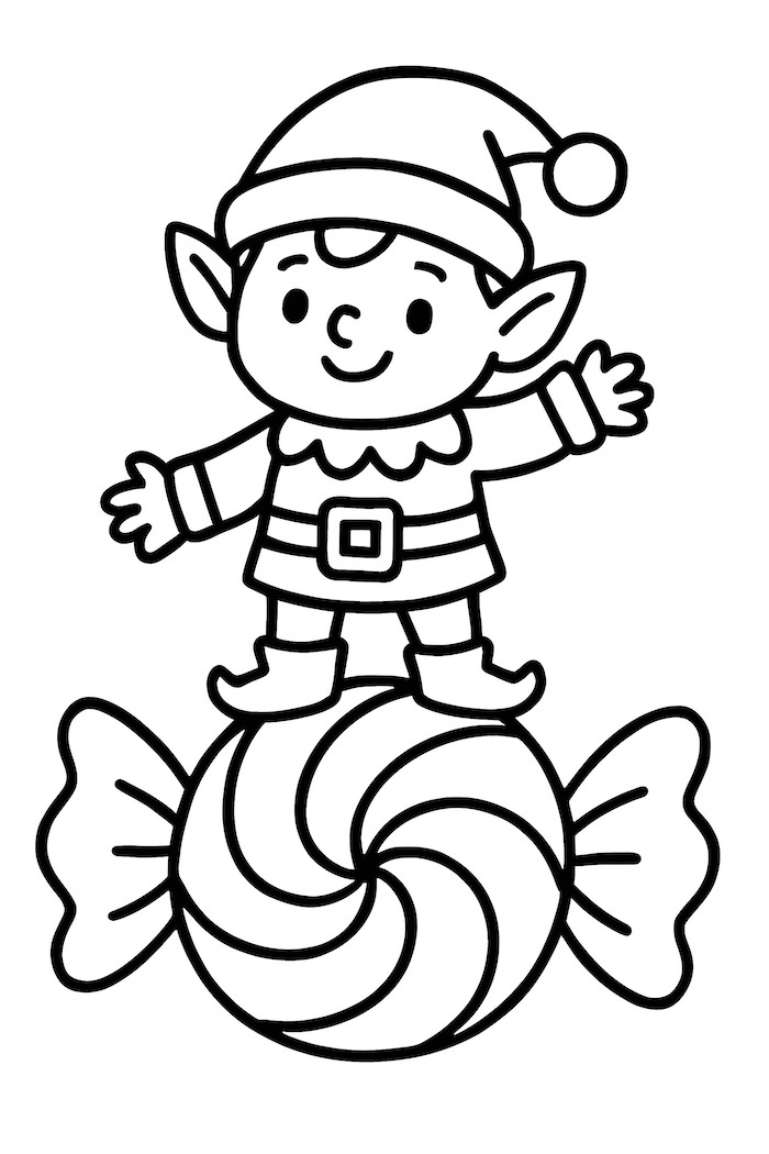 Coloring page of a tiny elf wearing a hat, standing on top of a large swirled candy with arms outstretched