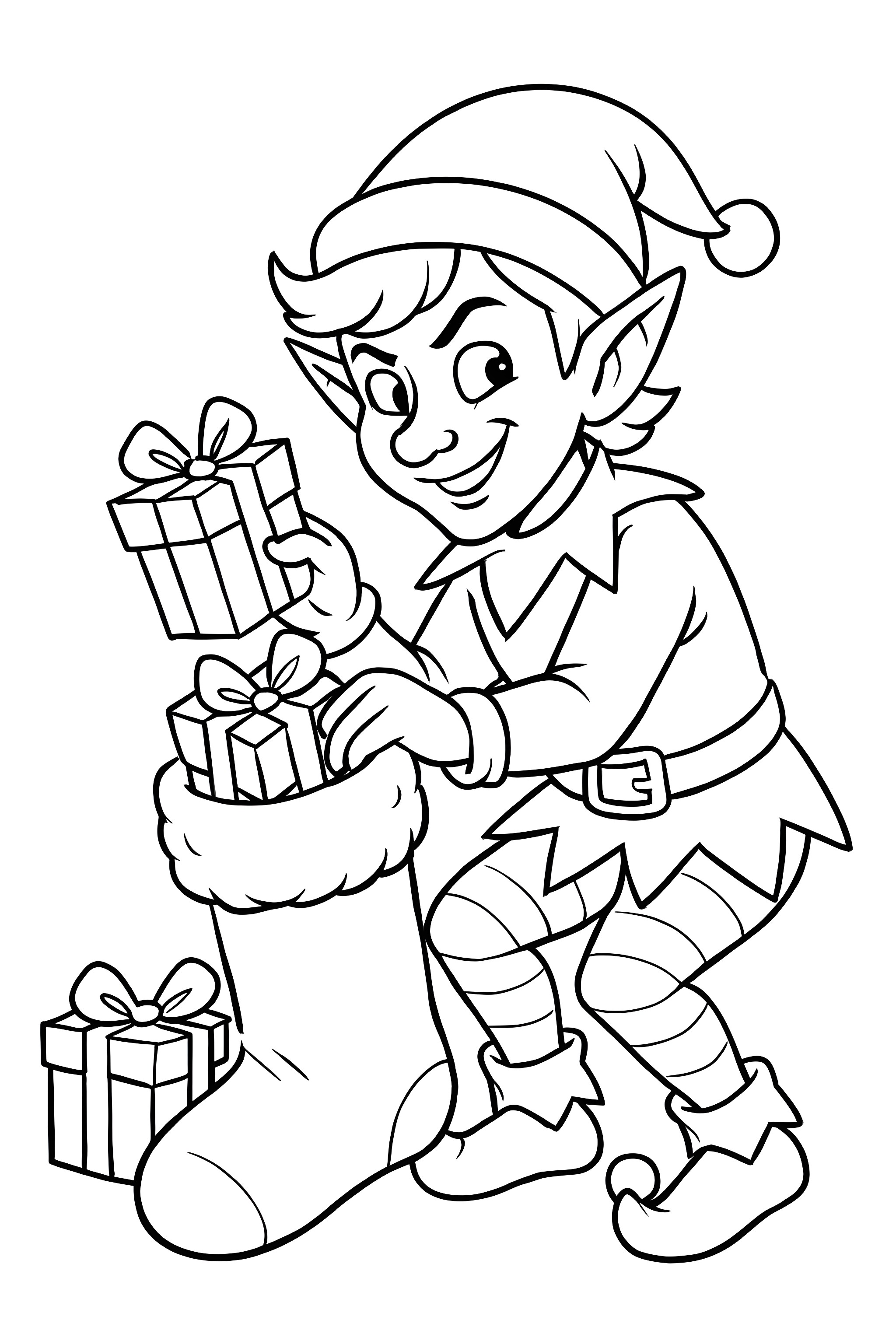 A mischievous elf placing gifts into a festive stocking, surrounded by additional presents.