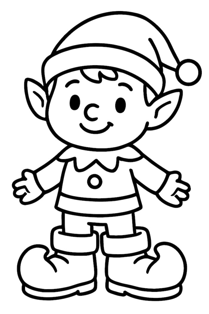 Coloring page of an elf wearing oversized boots, a hat, and a festive outfit with a smiling face