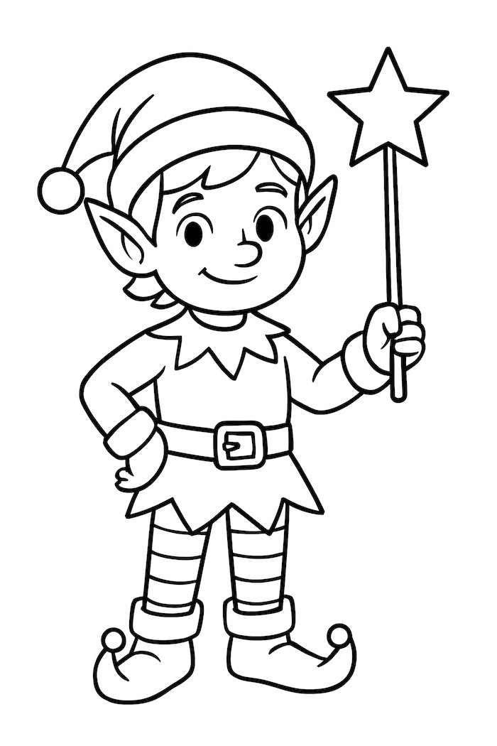 Coloring page of an elf holding a star-topped wand, wearing a hat and striped stockings