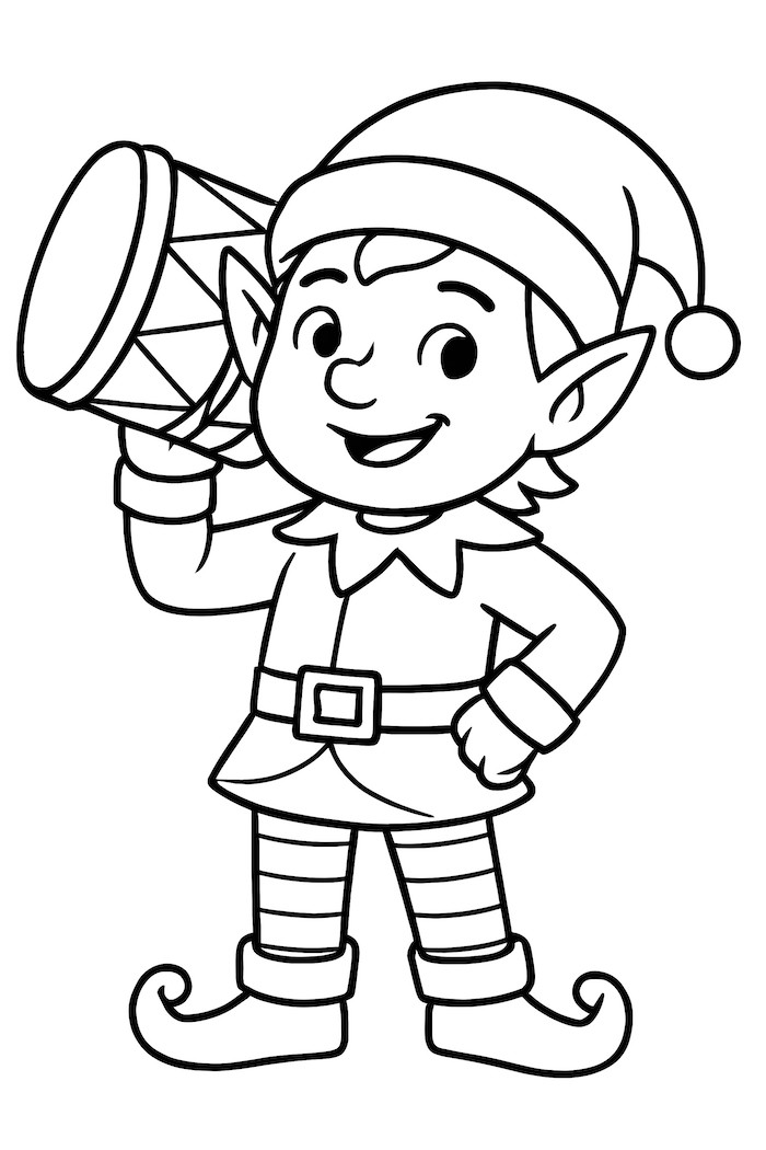 Coloring page of an elf smiling while holding a toy drum over their shoulder, wearing a hat and striped pants