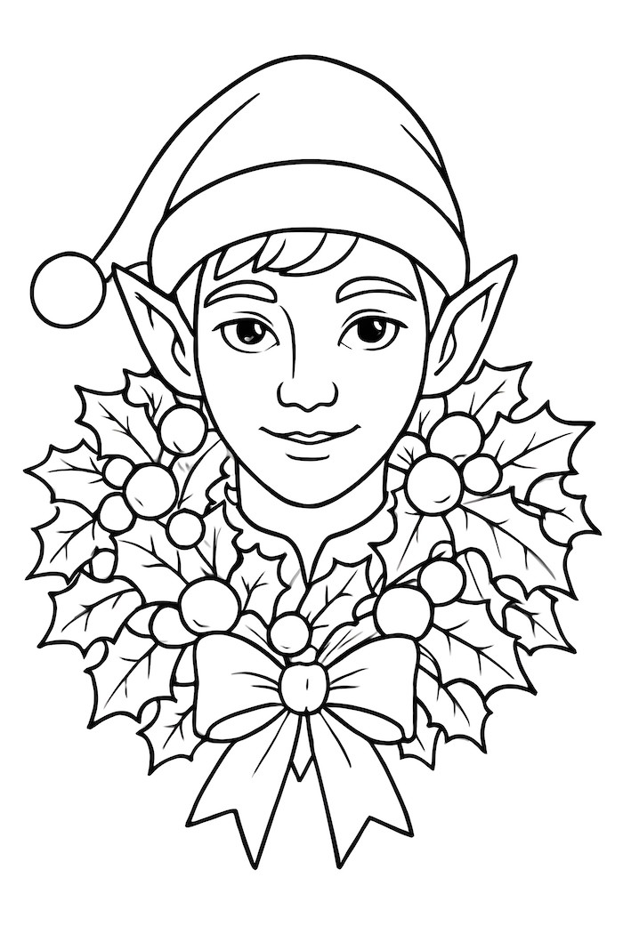 Coloring page of an elf wearing a hat surrounded by a festive holly wreath with berries and a bow