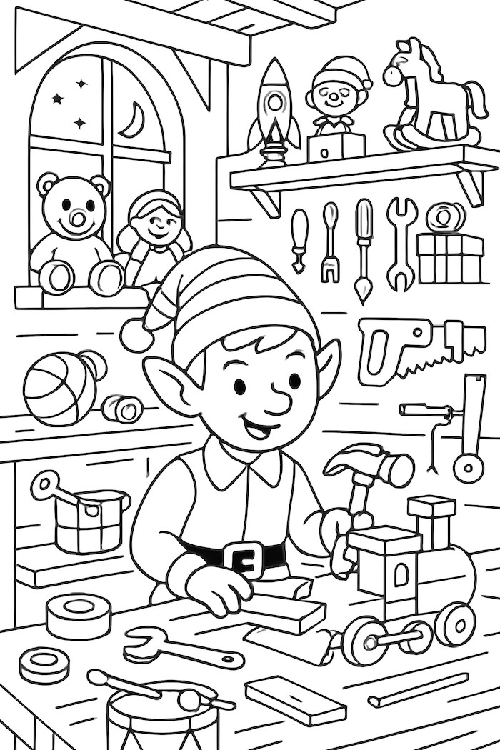 Coloring page of an elf working in a workshop filled with toys, tools, and teddy bears