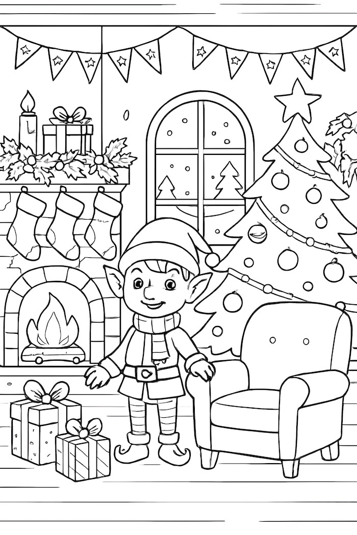 Coloring page of an elf in a decorated living room with a fireplace, Christmas tree, and presents