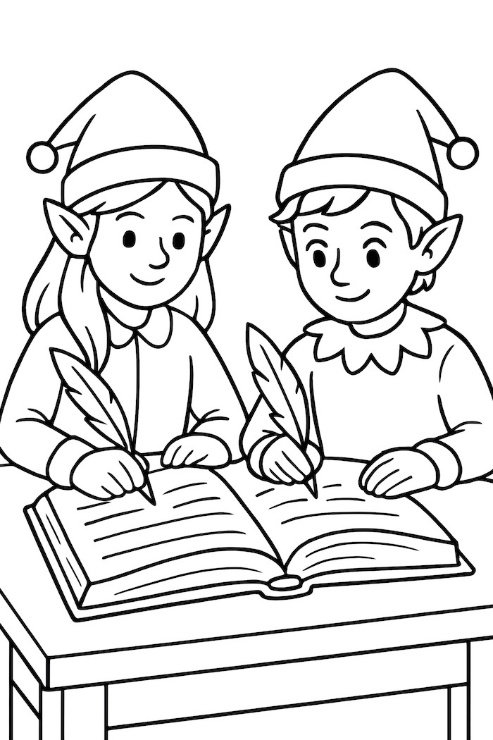 Coloring page of two elves with pointed ears writing in a large book at a desk