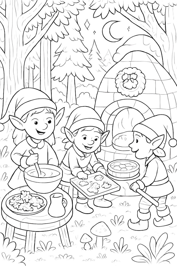Coloring page of three elves baking holiday treats in a forest clearing, surrounded by trees, an oven, and decorative elements