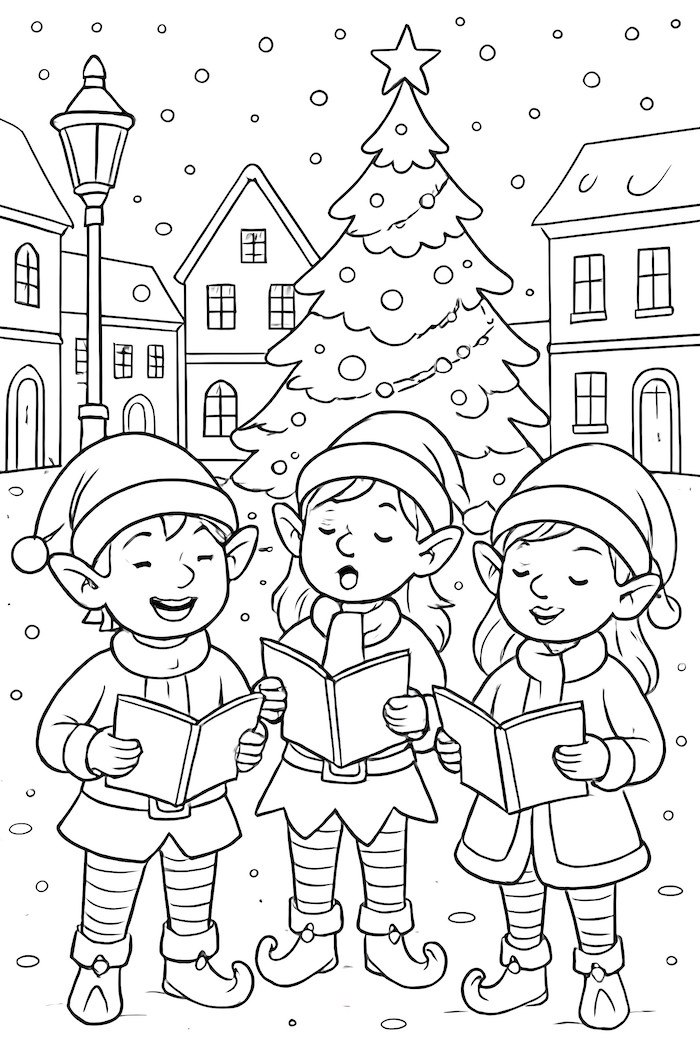 Coloring page of three elves singing carols in a snowy town square with a decorated Christmas tree and houses in the background