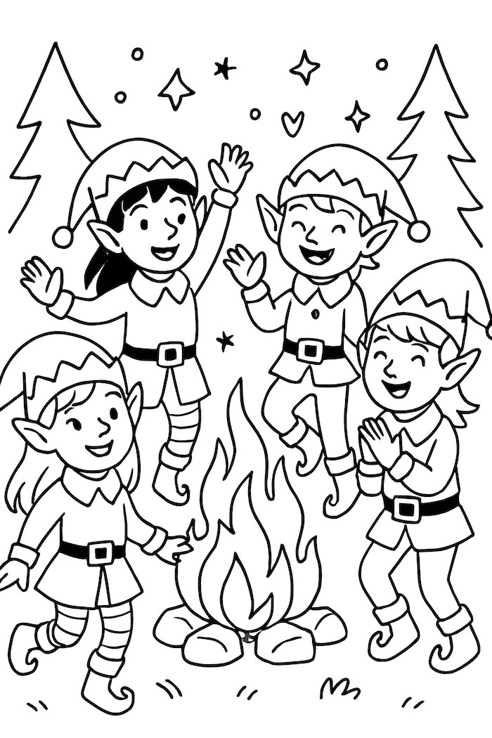Coloring page depicting four cheerful elves dancing around a glowing bonfire with trees in the background